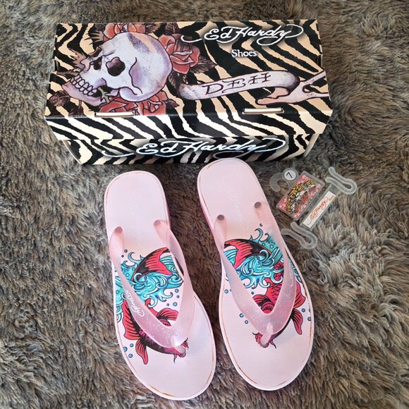 Ed Hardy koi fish graphic wedge Flip Flop sandal in original box 7 - Picture 10 of 11